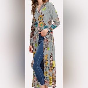 SHEIN | Vertical Striped Florals Longline Shirt | Size M